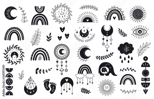 Vector hand drawn boho clipart for nursery decoration with cute rainbows and moon  sun  cloud  dream catcher.