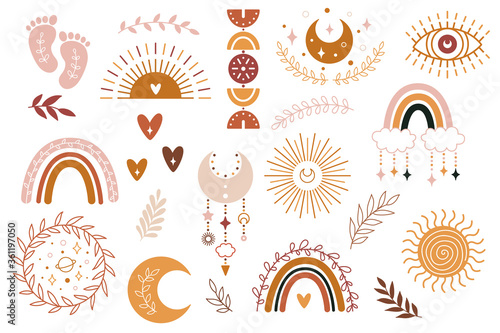 Vector hand drawn boho clipart for nursery decoration with cute rainbows and moon, sun, cloud, dream catcher.