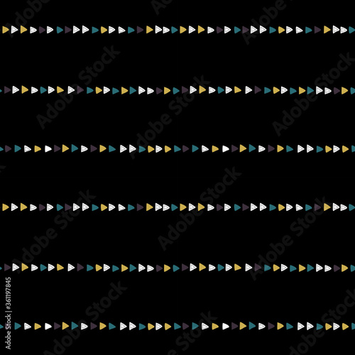 Seamless pattern with white and colour triangular key on a black background. Text stains vector wallpaper. Funny vector illustration in the style of comics and hand-drawing. For children, teens.