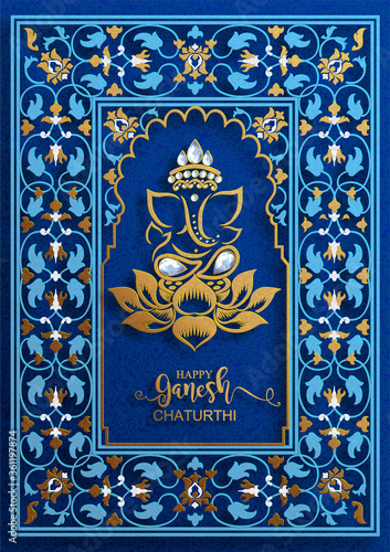 Festival of Ganesh Chaturthi with golden shiny Lord Ganesha patterned and crystals on paper color Background.
