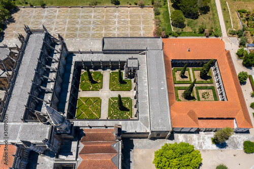 Batalha, Portugal - June, 29, 2020: Aerial Drone View of Batalha Monastery. Dominican convent with manueline style architecture. photo