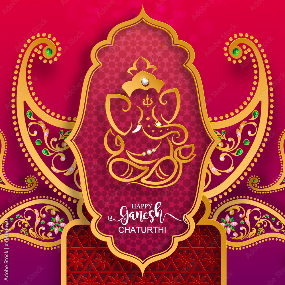Fototapeta premium Festival of Ganesh Chaturthi with golden shiny Lord Ganesha patterned and crystals on paper color Background.