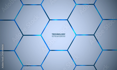 Hexagonal blue vector abstract background. Bright light blue flashes under hexagon in light technology, futuristic, modern, illustration. Light honeycomb texture grid.