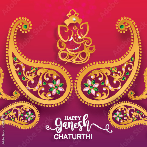 Festival of Ganesh Chaturthi with golden shiny Lord Ganesha patterned and crystals on paper color Background.
