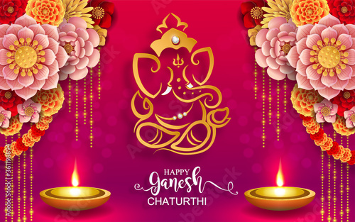 Festival of Ganesh Chaturthi with golden shiny Lord Ganesha patterned and crystals on paper color Background.