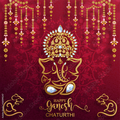 Photo Festival of Ganesh Chaturthi with golden shiny Lord Ganesha patterned and crystals on paper color Background