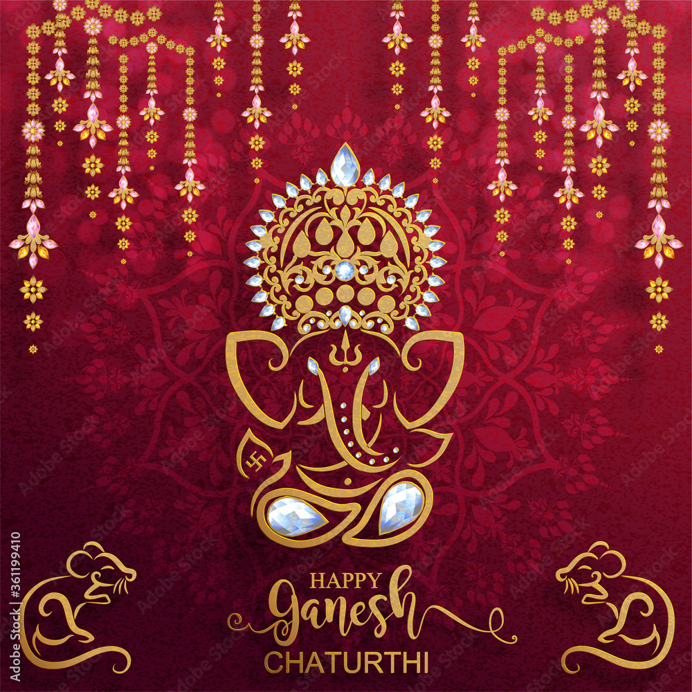 Festival of Ganesh Chaturthi with golden shiny Lord Ganesha patterned and crystals on paper color Background. Festival of Ganesh Chaturthi with golden shiny Lord Ganesha patterned and crystals on paper color Background.