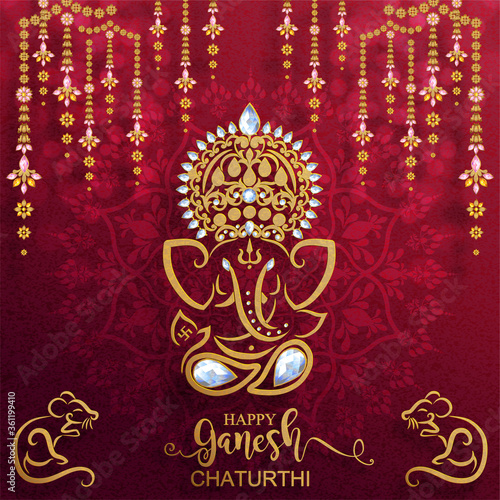 Festival of Ganesh Chaturthi with golden shiny Lord Ganesha patterned and crystals on paper color Background.
