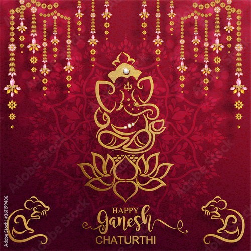 Festival of Ganesh Chaturthi with golden shiny Lord Ganesha patterned and crystals on paper color Background.