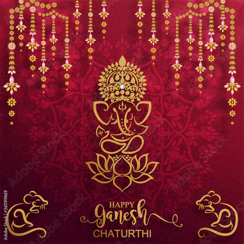 Festival of Ganesh Chaturthi with golden shiny Lord Ganesha patterned and crystals on paper color Background.