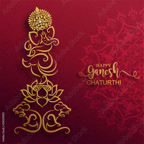 Festival of Ganesh Chaturthi with golden shiny Lord Ganesha patterned and crystals on paper color Background.