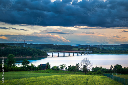 Bridge on the Gruza lake near the Kragujevac in Serbia at sunset photo