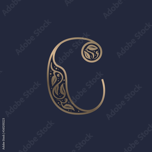 Vintage C letter logo with premium decoration. Classic line serif font.