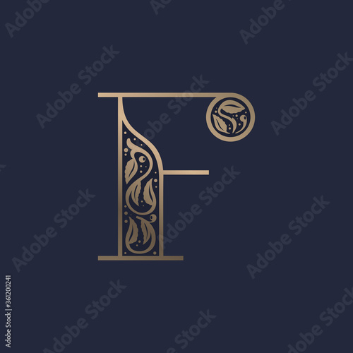 Vintage F letter logo with premium decoration. Classic line serif font.