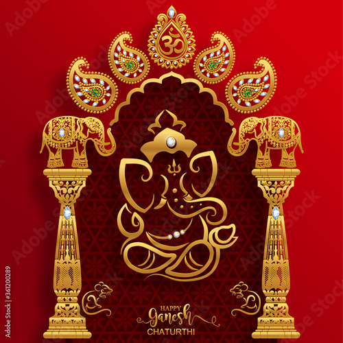 Festival of Ganesh Chaturthi with golden shiny Lord Ganesha patterned and crystals on paper color Background.