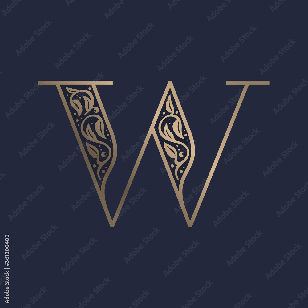 Vintage W letter logo with premium decoration. Classic line serif font.