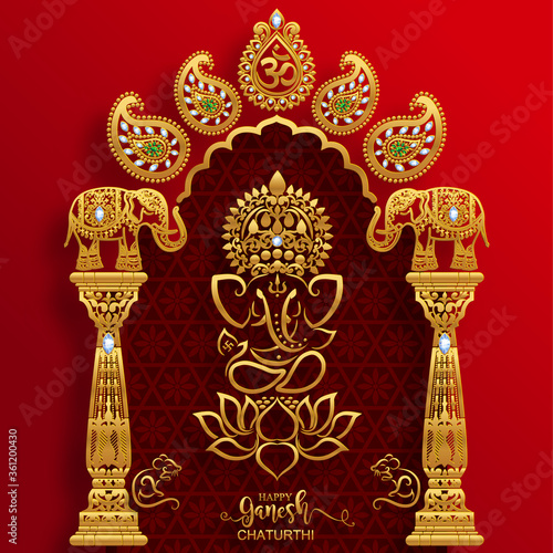 Festival of Ganesh Chaturthi with golden shiny Lord Ganesha patterned and crystals on paper color Background.