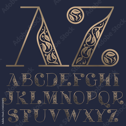 Vintage alphabet with premium decoration. Classic line serif font.
