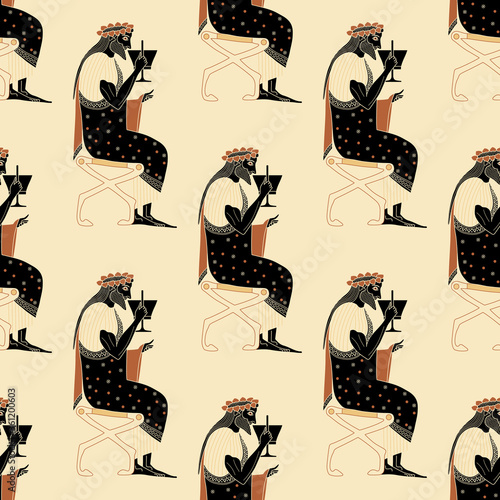 Seamless geometrical pattern with silhouettes of ancient Greek god Dionysus drinking wine. Vase painting style.
