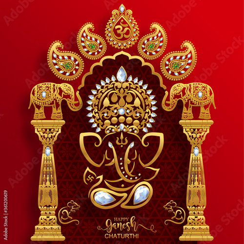 Festival of Ganesh Chaturthi with golden shiny Lord Ganesha patterned and crystals on paper color Background.