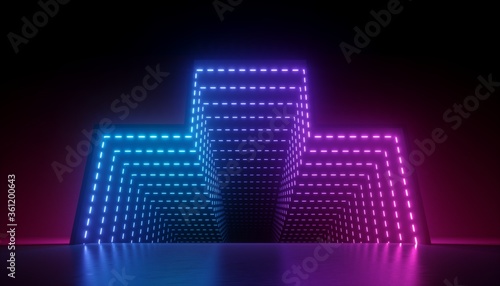 3d render, abstract neon background, glowing pink blue led light, geometric shape with tunnel optical illusion perspective view. Modern minimal design, empty performance stage floor reflection