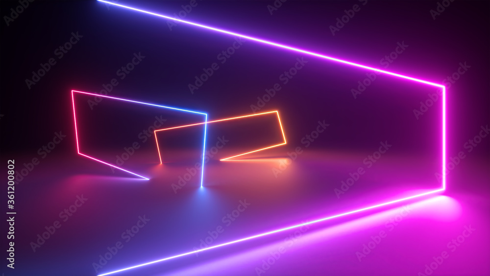 3d render, abstract background with colorful neon light. Performance stage laser show illumination. Rectangular geometric shapes, square frames, virtual reality. Glowing neon lines. Modern design