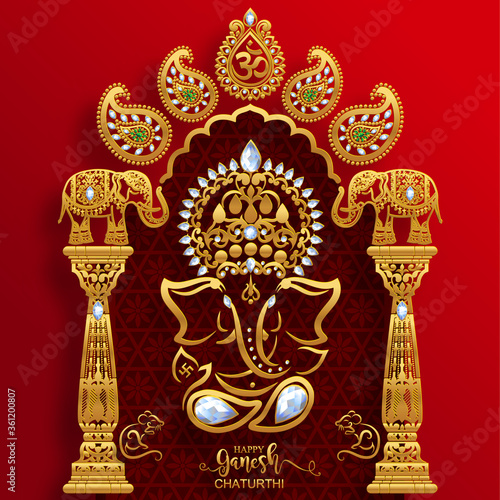 Festival of Ganesh Chaturthi with golden shiny Lord Ganesha patterned and crystals on paper color Background.