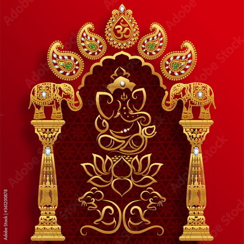 Festival of Ganesh Chaturthi with golden shiny Lord Ganesha patterned and crystals on paper color Background.