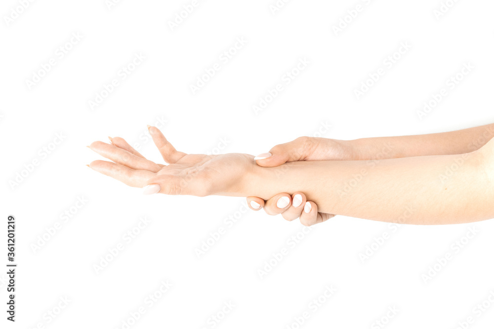 Hand massage. Female finger exercise, stretch therapy for pain wrist protective isolated on white background. Healthy yoga exercise. Woman hand massage for carpal tunnel syndrome protection.