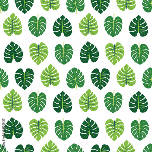 Monstera leaf green seamless repeat pattern. Great for tropical nature wallpaper, background, packaging, fabric, and giftwrap projects. Surface pattern design. © Vectorlike