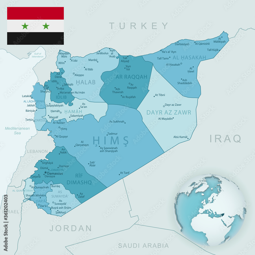 Blue-green detailed map of Syria administrative divisions with country flag and location on the globe.