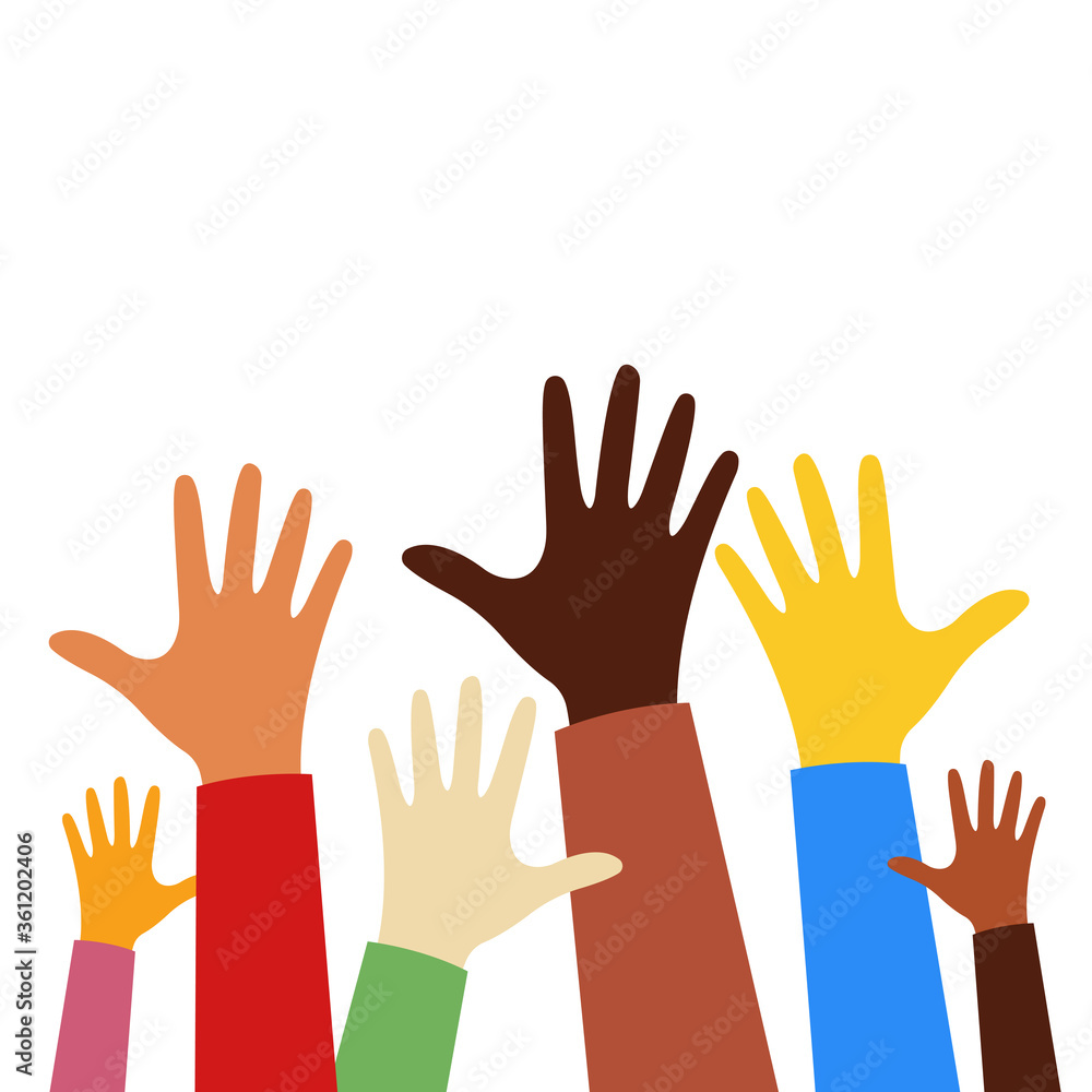 Hands raised up. Protest, strike, demonstration, voting gesture, volunteer concept, colorful hands up. Raised up hands of different nationalities. Vector illustration 