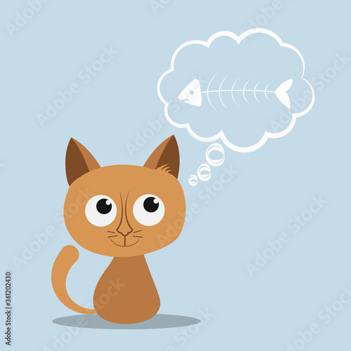 Cute hungry cat or kitten thinks about fish/fishbone. Cartoon character, animal collection. Thoughts bubble. Vector illustration 