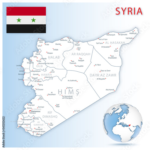 Detailed Syria administrative map with country flag and location on a blue globe.