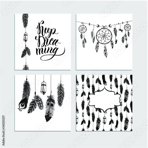 Textured feathers, crystals and dreamcatcher in aztec (boho) style set. Pattern is seamless.