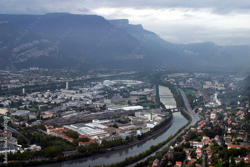 Grenoble city panorama from La Bastille Hill in France.
