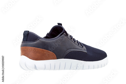sports shoes for walking with a comfortable white sole and textile ventilated design for comfortable sports, object of footwear isolated on a white background rear side view, nobody.
