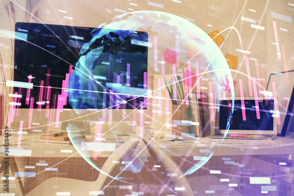 Double exposure of financial graph drawing and office interior background. Concept of stock market. Double exposure of financial graph drawing and office interior background. Concept of stock market.