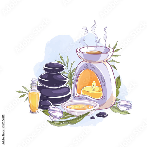 Composition with aromatherapy accessories with essential oils. Aroma lamp, essential oil, stones and aromatic flowers. Watercolor background.