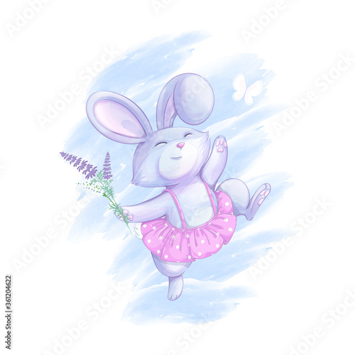Cute bunny girl in a pink skirt with a polka dot pattern has fun jumping. Wild flowers bouquet and watercolor textural background. Vector animal character for children.