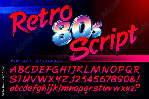 A Vintage Retro 1980s Style Brush Script Alphabet with Capitals, Numbers, Lowercase, & Some Punctuation; This Font Conjures an Authentic Eighties Vibe