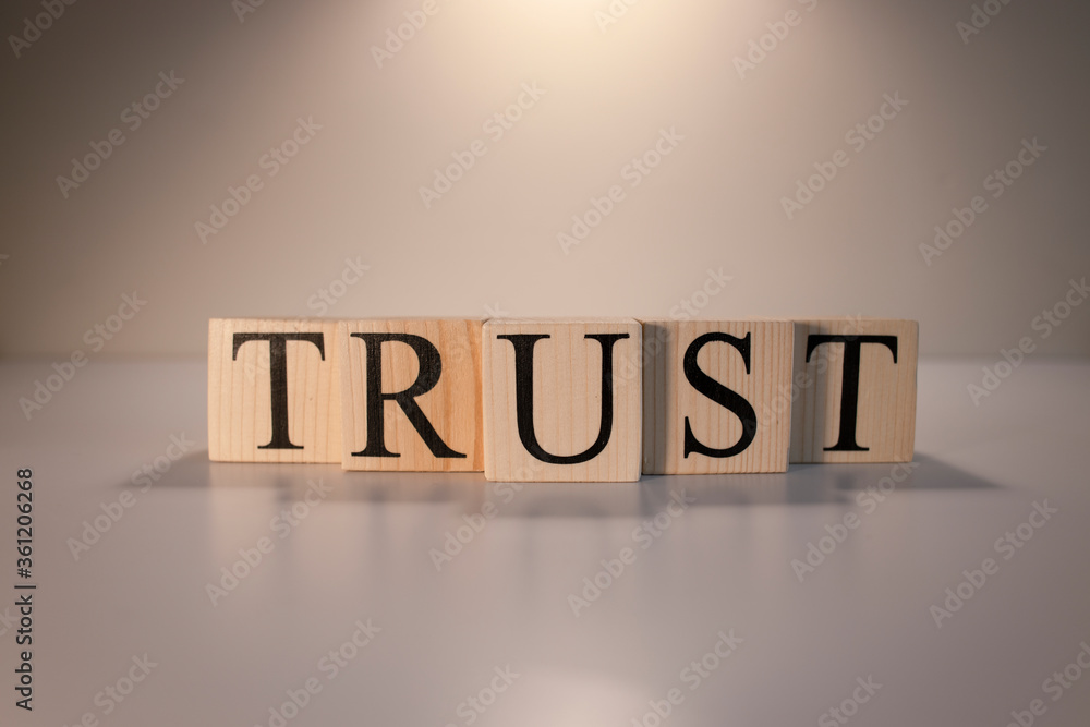 The word trust from wooden cubes. Spot light and white background. Close up. The word trust from wooden cubes. Spot light and white background. Close up.