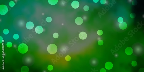 Light Blue, Green vector background with circles, stars. Glitter abstract illustration with colorful drops, stars. Pattern for booklets, leaflets.
