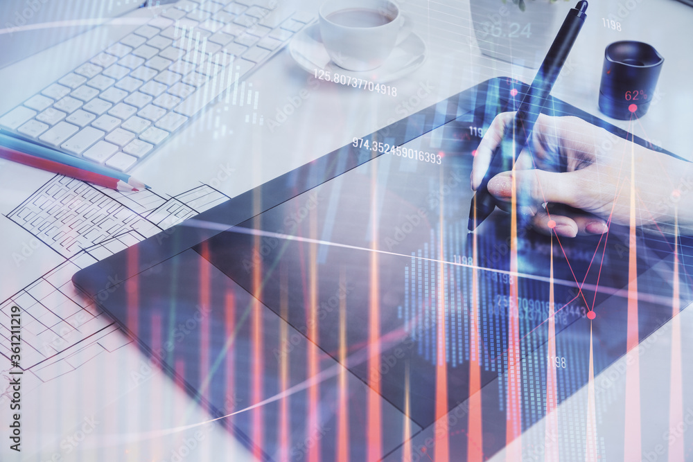 Double exposure of financial graph sketch hologram and woman holding and using a mobile device. Stock exchange concept. Double exposure of financial graph sketch hologram and woman holding and using a mobile device. Stock exchange concept.