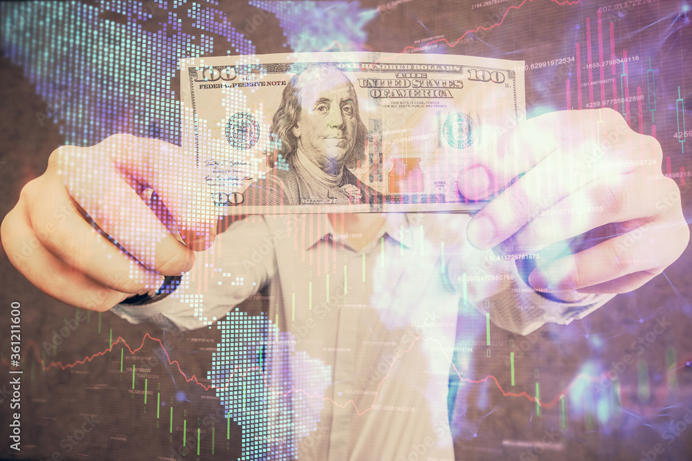 Multi exposure of forex graph drawing hologram and USA dollars bills and man hands. Technical Analysis concept.