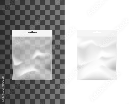 Transparent pocket, plastic bag isolated vector mockup. Realistic 3d clear pouch template, wrap for food, snack or medicine. Disposable nylon or cellophane package with ziplock and hang slot mock up
