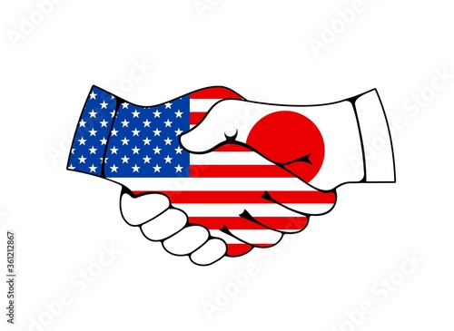 Usa and Japan handshake, trade and business deal agreement vector icon. Joined hands with japanese and american flags. Business or politics greeting, partnership and friendship, trade and cooperation