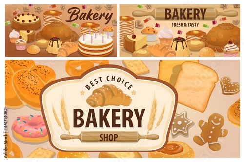 Sweet, pastry and bakery products banners. Bakery shop bread, desserts and holiday cakes. Birthday cake, donut with icing, croissant, cheesecakes, cupcakes and muffins, pancakes, bread and gingerbread
