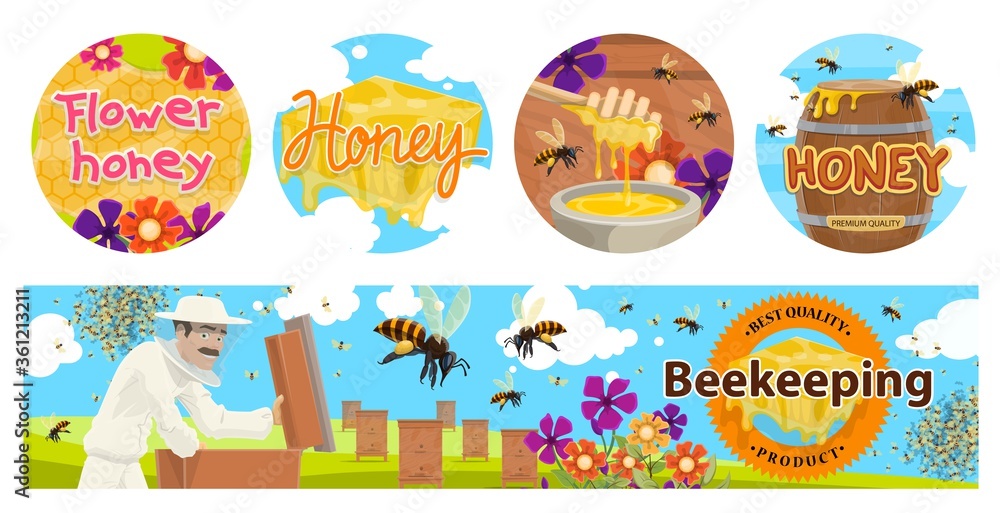 Beekeeping, apiary agriculture vector banners with beehives, beekeeper in protective suit, barrel and honeycombs. Bees collecting flower honey on field. Natural sweet food production, apiary business