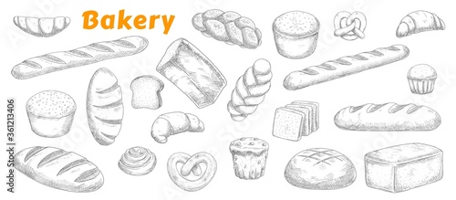 Bakery, pastry and bread isolated vector sketch icons. Engraved bake shop rye and wheat bread sorts, muffin, bun and bagel, sliced loaf, french baguette and croissant, pretzel and biscuit sketch